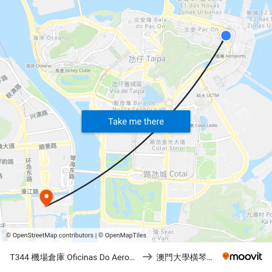 T344 機場倉庫 Oficinas Do Aeroporto to 澳門大學橫琴校區 map