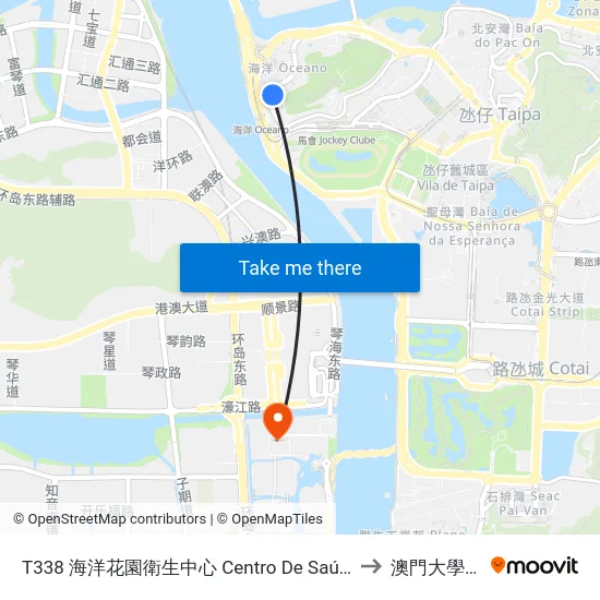 T338 海洋花園衛生中心 Centro De Saúde Dos Jardins Do Oceano to 澳門大學橫琴校區 map