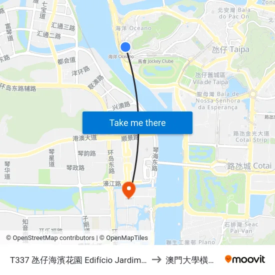 T337 氹仔海濱花園 Edifício Jardim Beira-Mar to 澳門大學橫琴校區 map