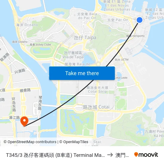 T345/3 氹仔客運碼頭 (B車道) Terminal Marítimo De Passageiros Da Taipa, Taipa Ferry Terminal (Via / Lane B) to 澳門大學橫琴校區 map