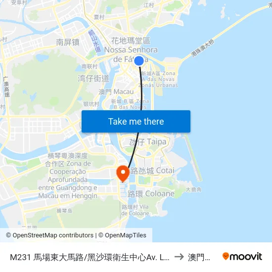 M231 馬場東大馬路/黑沙環衛生中心Av. Leste Do Hipódromo / Centro De Saúde Da Areia Preta to 澳門大學橫琴校區 map