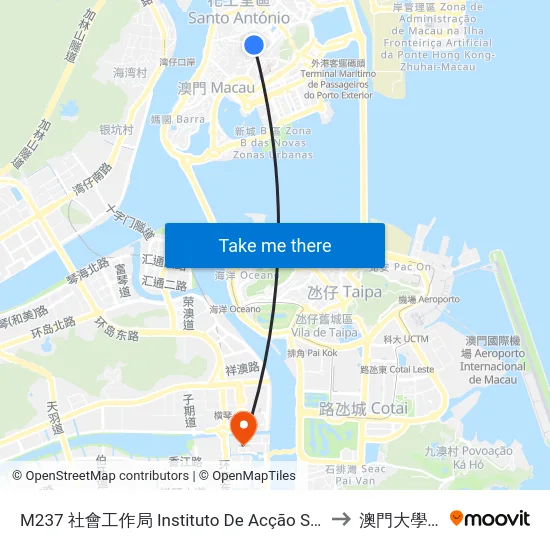 M237 社會工作局 Instituto De Acção Social, Social Welfare Bureau to 澳門大學橫琴校區 map