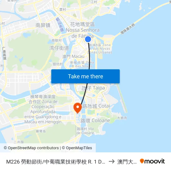M226 勞動節街/中葡職業技術學校 R. 1 De Maio/Escola Luso-Chinesa Técnico-Profissional to 澳門大學橫琴校區 map