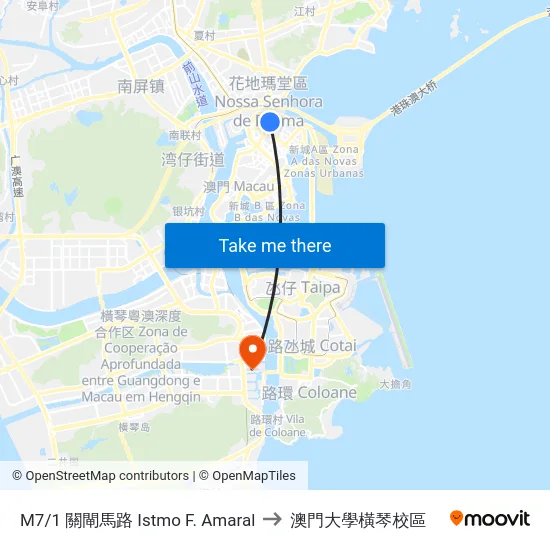 M7/1 關閘馬路 Istmo F. Amaral to 澳門大學橫琴校區 map