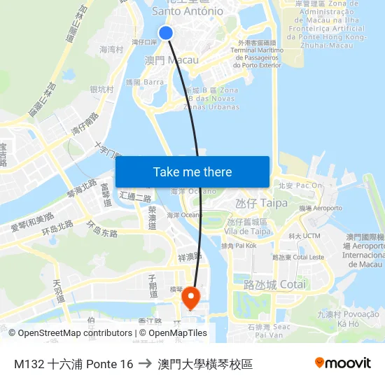 M132 十六浦 Ponte 16 to 澳門大學橫琴校區 map