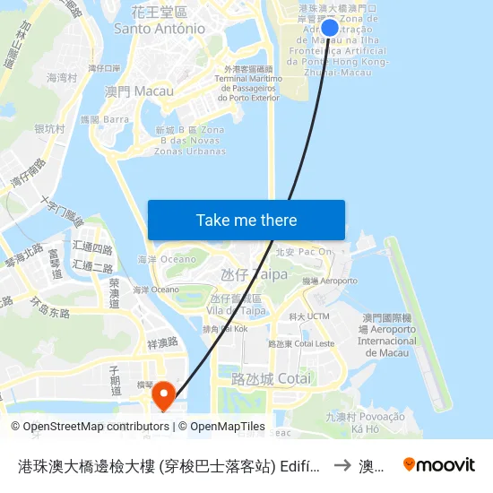 港珠澳大橋邊檢大樓 (穿梭巴士落客站) Edifício Do Posto Fronteiriço De Macau Da Ponte Hong Kong-Zhuhai-Macau (Hzmb Macau Port Drop-Off Stop) to 澳門大學橫琴校區 map