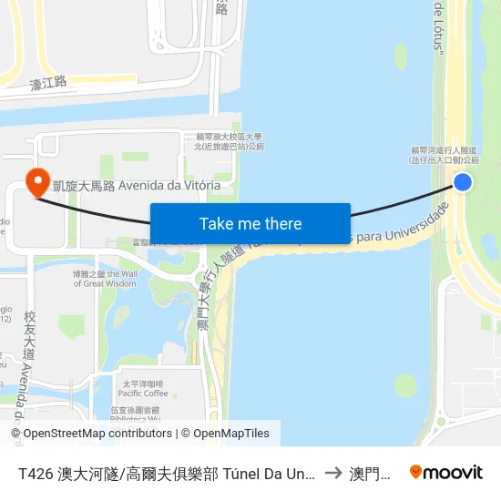 T426 澳大河隧/高爾夫俱樂部  Túnel Da Universidade De Macau / Est. Do Dique Oeste / Clube De Golfe to 澳門大學橫琴校區 map