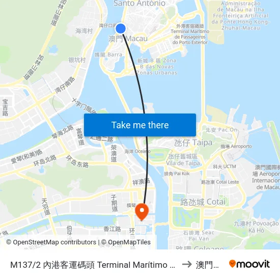 M137/2 內港客運碼頭 Terminal Marítimo De Passageiros Do Porto Interior, Inner Harbour Ferry Terminal to 澳門大學橫琴校區 map