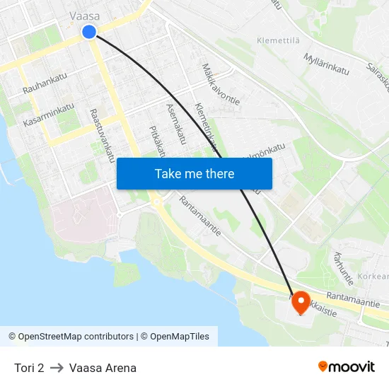 Tori 2 to Vaasa Arena map