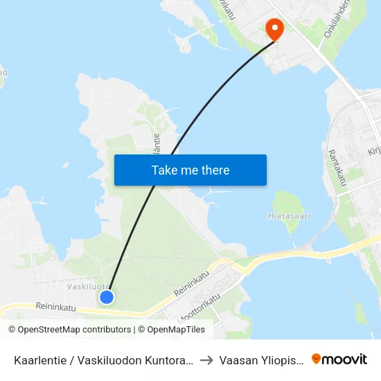 Kaarlentie / Vaskiluodon Kuntorata to Vaasan Yliopisto map
