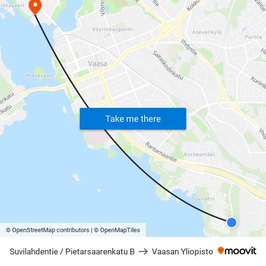 Suvilahdentie / Pietarsaarenkatu B to Vaasan Yliopisto map