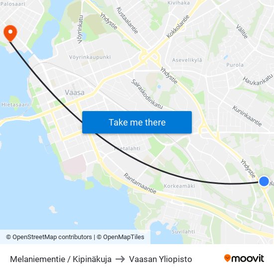Melaniementie / Kipinäkuja to Vaasan Yliopisto map