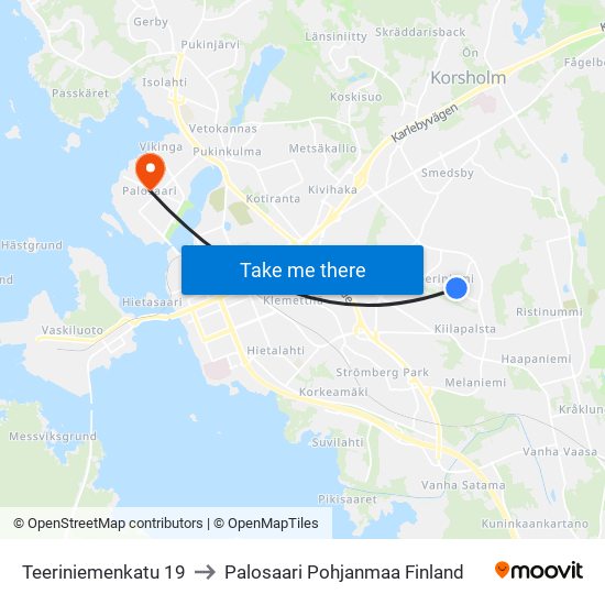 Teeriniemenkatu 19 to Palosaari Pohjanmaa Finland map