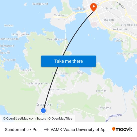 Sundomintie / Pohjoismäki to VAMK Vaasa University of Applied Sciences map
