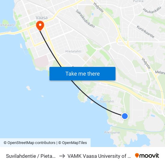 Suvilahdentie / Pietarsaarenkatu B to VAMK Vaasa University of Applied Sciences map