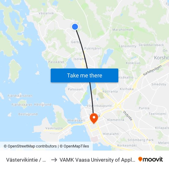 Västervikintie / Pentintie to VAMK Vaasa University of Applied Sciences map