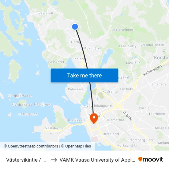 Västervikintie / Pentintie to VAMK Vaasa University of Applied Sciences map