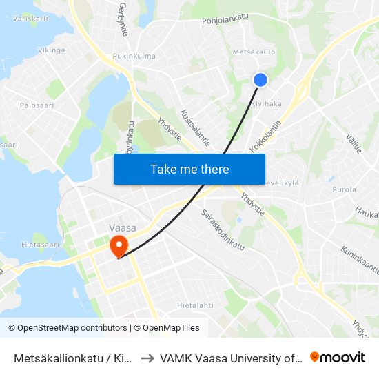 Metsäkallionkatu / Kivivasarankatu B to VAMK Vaasa University of Applied Sciences map