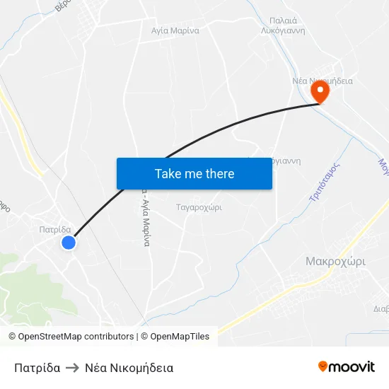 Πατρίδα to Νέα Νικομήδεια map