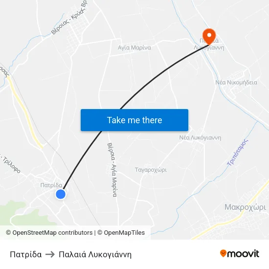 Πατρίδα to Παλαιά Λυκογιάννη map