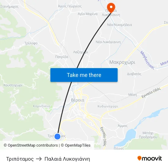 Τριπόταμος to Παλαιά Λυκογιάννη map