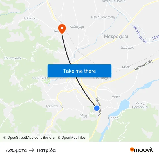 Ασώματα to Πατρίδα map