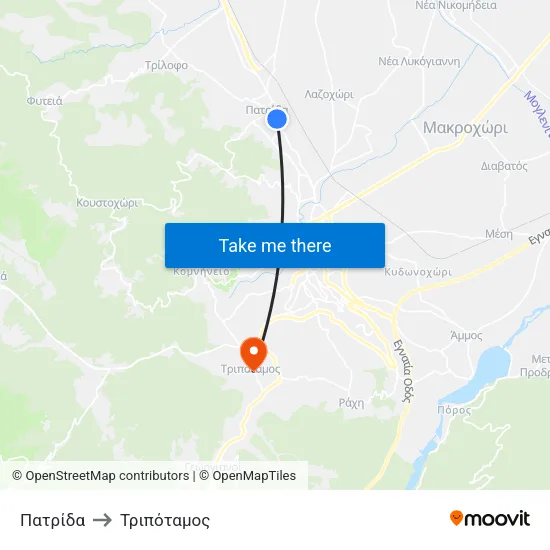 Πατρίδα to Τριπόταμος map