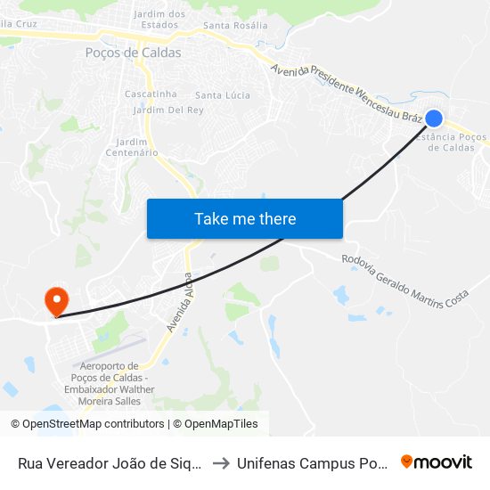 Rua Vereador João de Siqueira Loiola, 335 to Unifenas Campus Poços De Caldas map