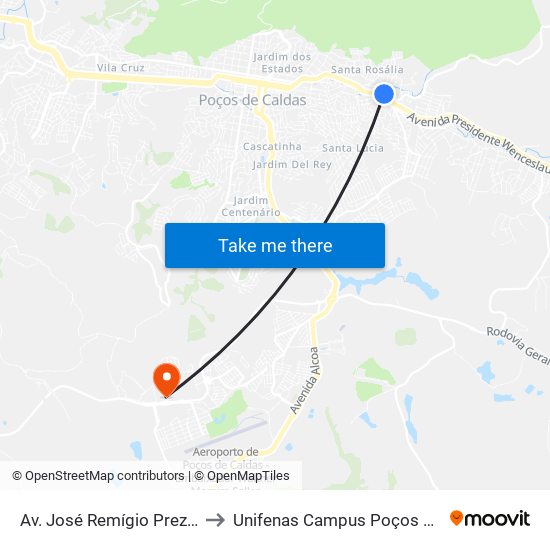 Av. José Remígio Prezia, 1547 to Unifenas Campus Poços De Caldas map