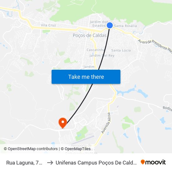 Rua Laguna, 743 to Unifenas Campus Poços De Caldas map