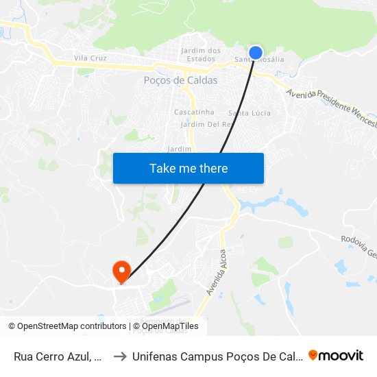 Rua Cerro Azul, 699 to Unifenas Campus Poços De Caldas map