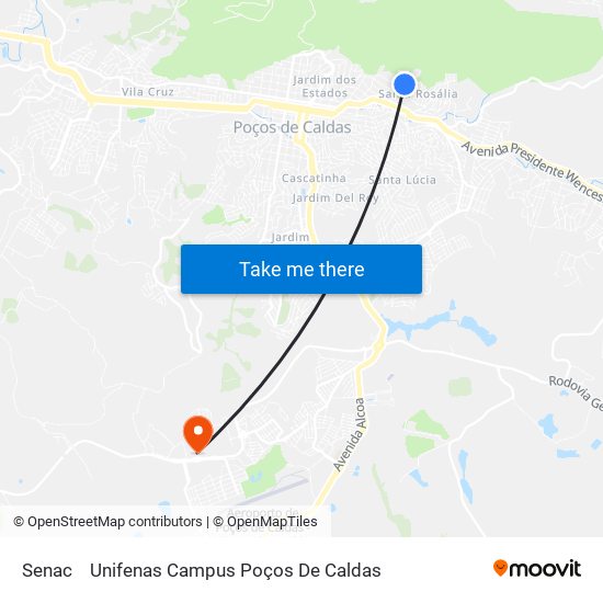 Senac to Unifenas Campus Poços De Caldas map