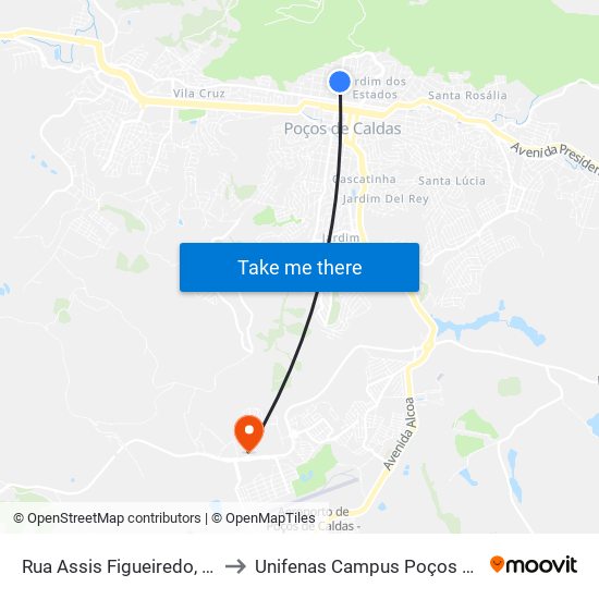 Rua Assis Figueiredo, 400-430 to Unifenas Campus Poços De Caldas map