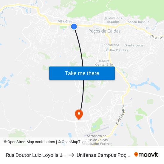 Rua Doutor Luiz Loyolla Junqueira, 166 to Unifenas Campus Poços De Caldas map