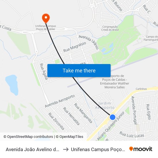 Avenida João Avelino de Melo, 305 to Unifenas Campus Poços De Caldas map