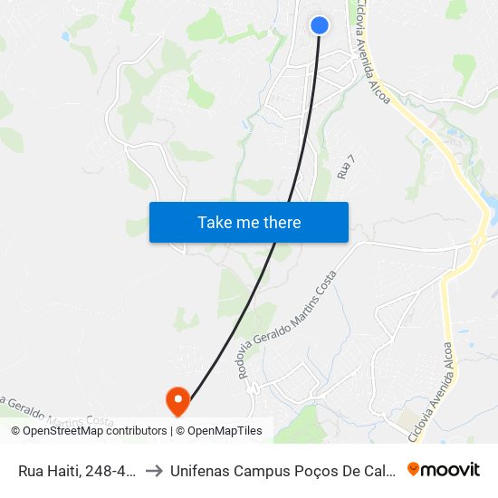 Rua Haiti, 248-414 to Unifenas Campus Poços De Caldas map