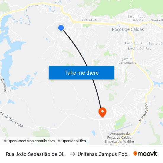 Rua João Sebastião de Oliveira, 248-278 to Unifenas Campus Poços De Caldas map