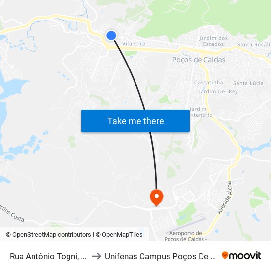 Rua Antônio Togni, 2267 to Unifenas Campus Poços De Caldas map