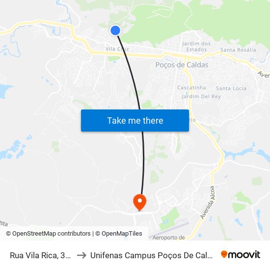 Rua Vila Rica, 337 to Unifenas Campus Poços De Caldas map