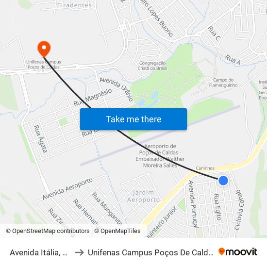 Avenida Itália, 75 to Unifenas Campus Poços De Caldas map