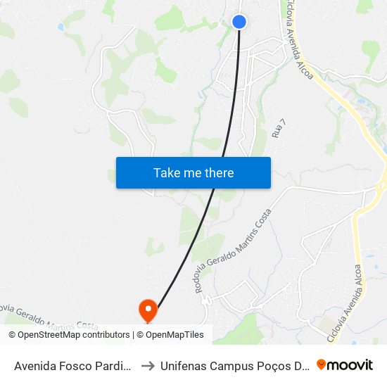 Avenida Fosco Pardini, 2641 to Unifenas Campus Poços De Caldas map