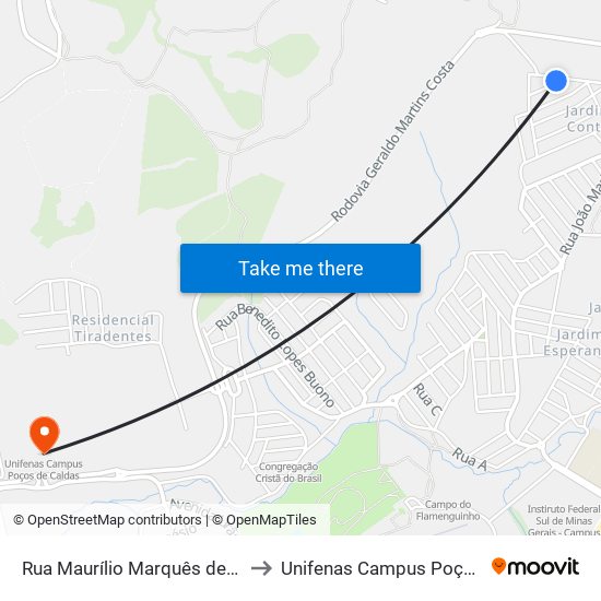 Rua Maurílio Marquês de Oliveira, 2-50 to Unifenas Campus Poços De Caldas map