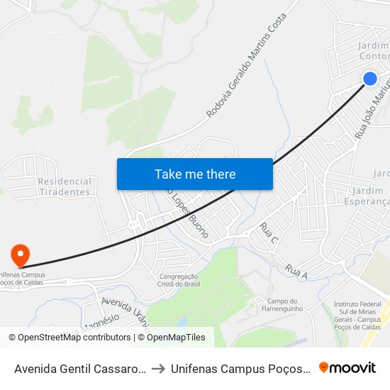 Avenida Gentil Cassaro, 418-464 to Unifenas Campus Poços De Caldas map