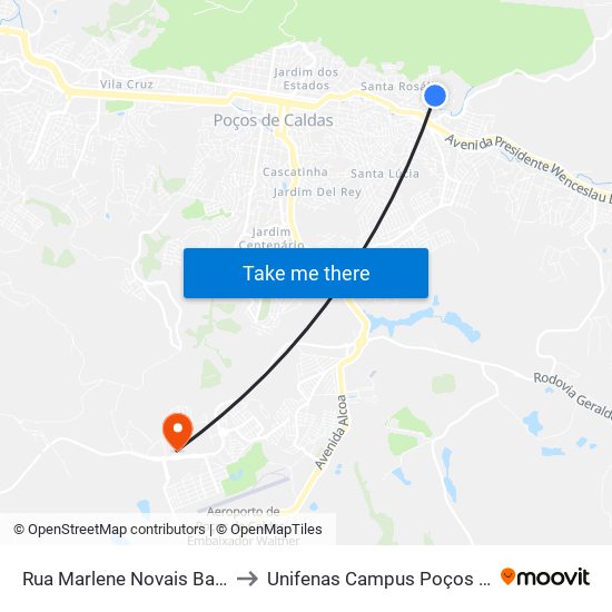 Rua Marlene Novais Bastos, 105 to Unifenas Campus Poços De Caldas map