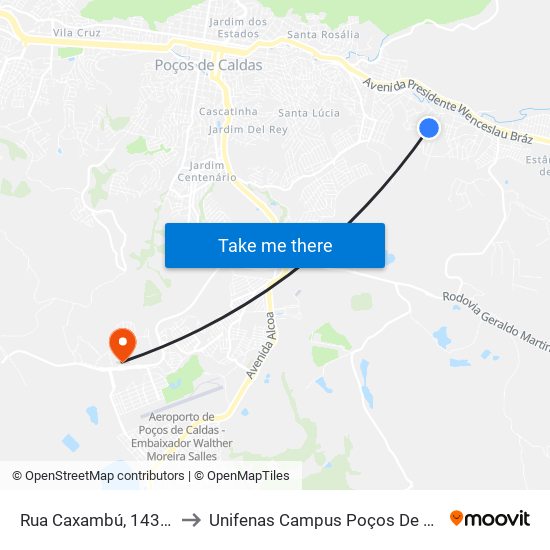 Rua Caxambú, 143-275 to Unifenas Campus Poços De Caldas map