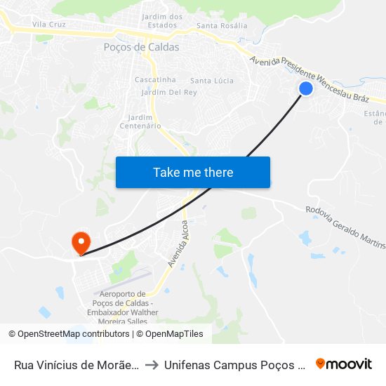 Rua Vinícius de Morães, 2-156 to Unifenas Campus Poços De Caldas map