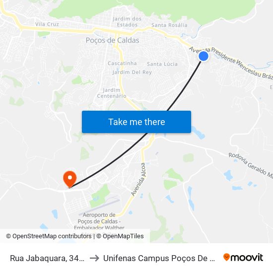 Rua Jabaquara, 34-164 to Unifenas Campus Poços De Caldas map