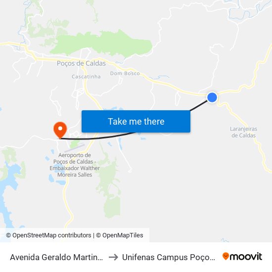 Avenida Geraldo Martins Costa, 30 to Unifenas Campus Poços De Caldas map