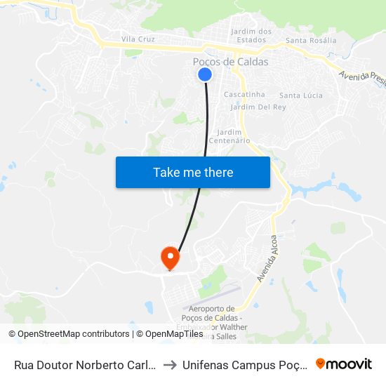Rua Doutor Norberto Carlos Ferreira, 68 to Unifenas Campus Poços De Caldas map