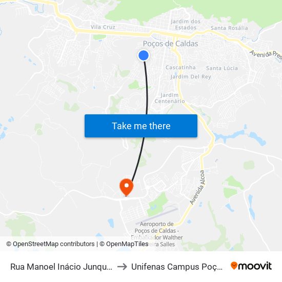 Rua Manoel Inácio Junqueira, 228-272 to Unifenas Campus Poços De Caldas map